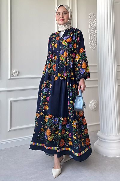 InStyle Mixed Tropical Pattern Navy Blue Viscose Dress