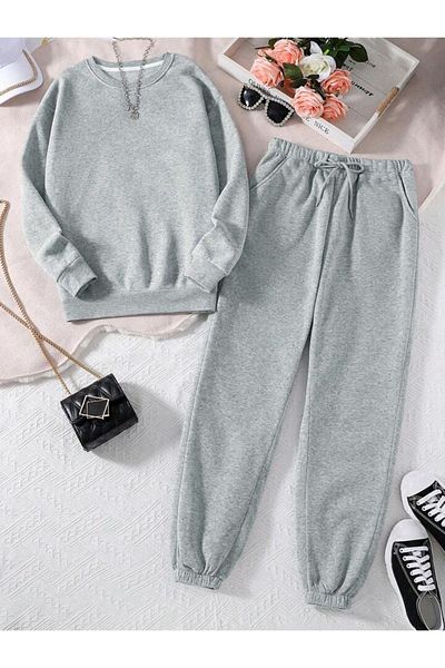 DUBU BUTİK طقم بدلة رياضية عادية غير مطبوعة سويت شيرت Jogger - رمادي كبير الحجم برقبة دائرية