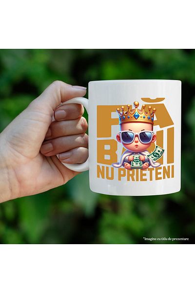 StoryGift Romania Mug with Baby with stack of banknotes, crown and fur coat text make money, With,STG