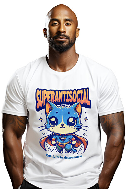 StoryGift Romania Tricou bărbătesc Super Antisocial, Supererou, Pisică Zburăt...