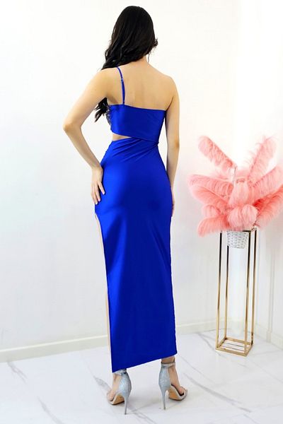FashionForYou Rochie de seară Lawa, cu inserții de cristale și crăpătură largă, albastră, mărimea S/m