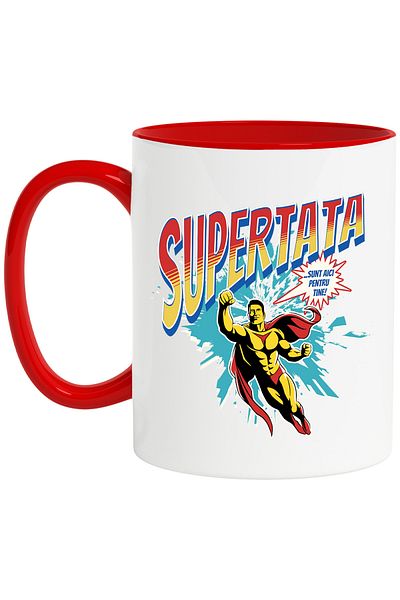 StoryGift Romania Super Dad Superhero I'm Here For You Mug, 330ml, Ceramic with Red Handle, With Handle, STG