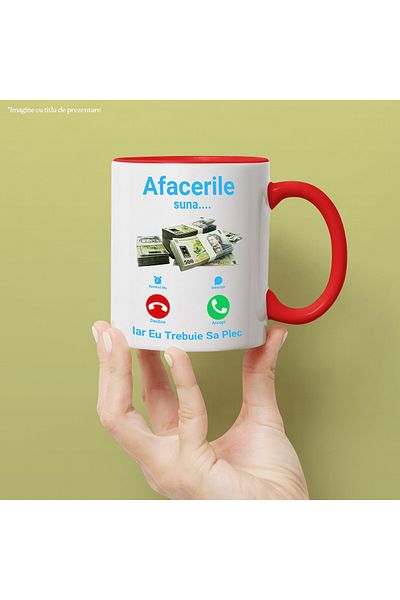 StoryGift Romania Mug with Phone Call, Stack of 500 lei Banknotes, Text Business is calling, must be closed, With ,STG