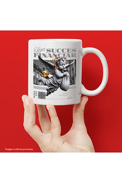 StoryGift Romania Mug with Angel with Money Bag in Flight, statue, text To Financial Success, Ceram, Cu, STG