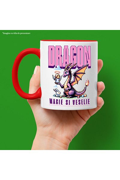 StoryGift Romania Mug with Purple Dragon Animated Style with Angel and Rabbit, Text Magic and Joy, Ceramics, With ,STG