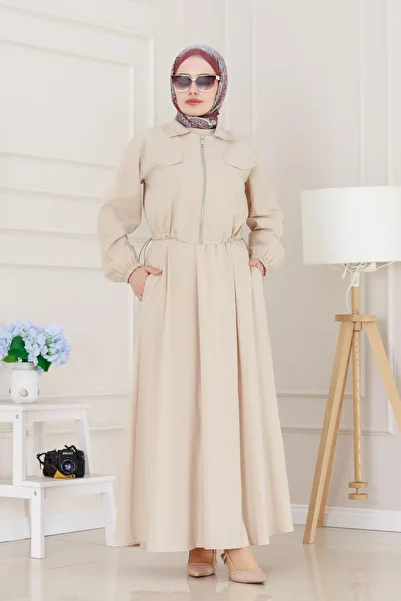 Sevitli Zippered Pocket Gilet Dress-Beige