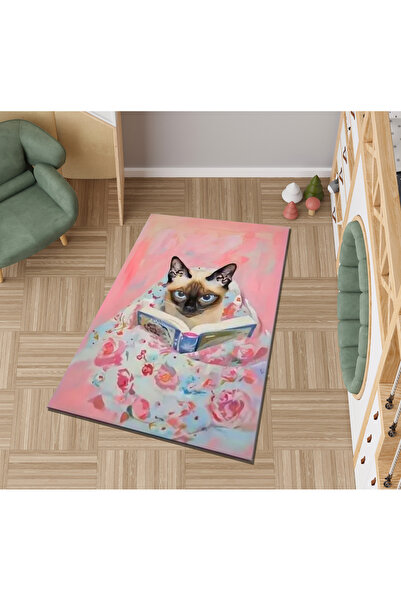 Rugs Modern Halı Lina Koleksiyonu Pastel Tonlarda Kitap Okuyan Kedi Detaylı D...