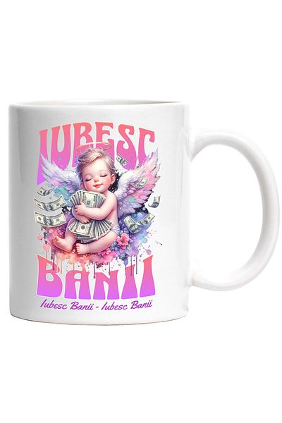 StoryGift Romania Mug with Baby Angel on Cloud with Money Banknotes Text I Love Money, Ceramic, 330ML, With ,STG