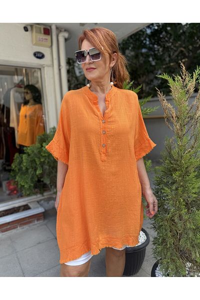 DenizEge Italian Tasseled Linen Textured Dress Orange