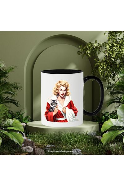 StoryGift Romania Mug with a woman holding a cat, illustration, blonde, capod, white and red with M, Cu, STG