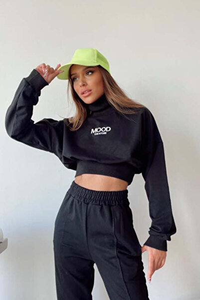 FashionForYou Compleu sport Mood, pantaloni si bluza pe gat, Negru