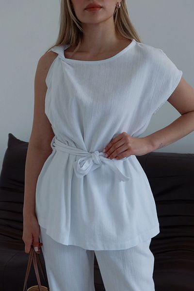 Laluvia Weißer Schulter-Twist-Hosenanzug mit Bluse – 8644