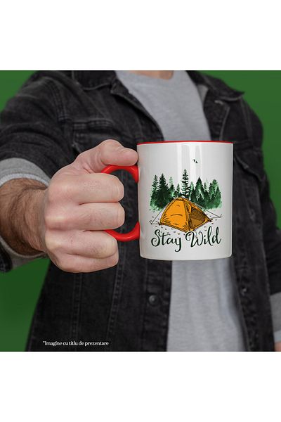 StoryGift Romania Mug with the message "Stay wild", travel, illustration, nature, fir trees, tent, stay, With ,STG