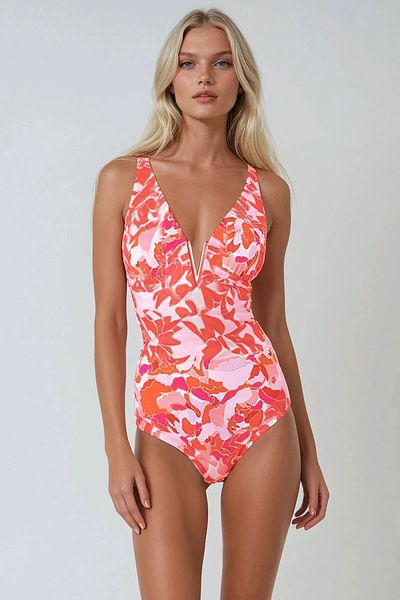 Kom Pattern V Neck Swimsuit Removable Slim Covered