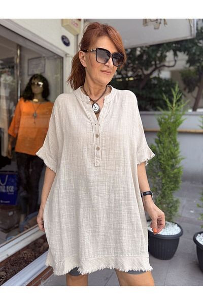 DenizEge Italian Tasseled Linen Textured Dress Beige