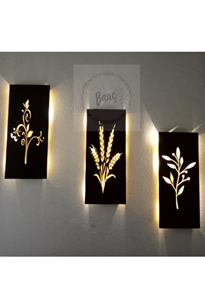 BAAÇ AHŞAP PERİ LEDLİ IŞIKLI SİYAH (BAŞAK- ÇİÇEK ) 3 LÜ TABLO