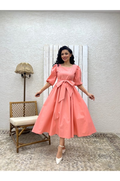 KÜÇÜĞÜM BUTİK Φόρεμα Yavruağzı Μεγάλο Φιόγκο με τετράγωνο γιακά με φουσκωτό ποπλίνα