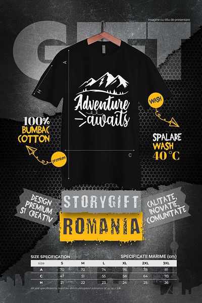 StoryGift Romania Men's T-shirt with mountain landscape and the message "Adventure awaits" - adventure awaits with STG prints