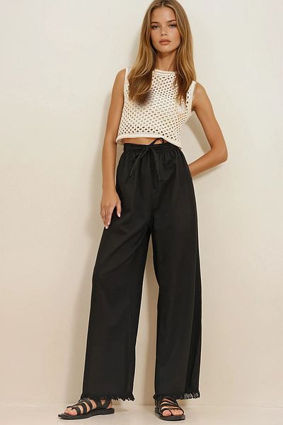 VAGGON Pantaloni Palazzo Jean cu talie înaltă, negri, cu ciucuri, Vgn-x8930