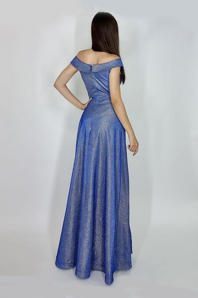 FashionForYou Rochie lungă Elize, cu pliuri definite și decolteu cu manșete la umeri, Albastră, Mărime S/M, Mărime universală S/M