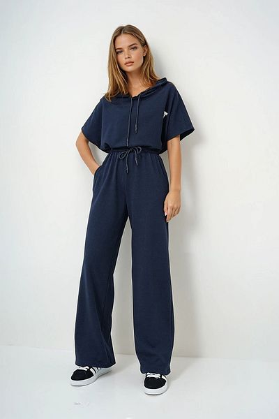 VAGGON Γυναικείο σετ παντελονιού με κουκούλα Navy Blue Oversize Crop και διπλές τσέπες Prmx13633