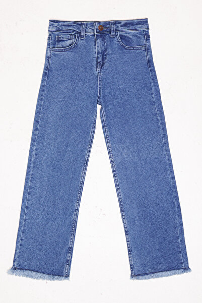 Lexsina Kız Çocuk Kot Likralı Salaş Jean Paça Püskül Geniş Pantolon Beli Ayarlanabilir Lastikli Lx310a