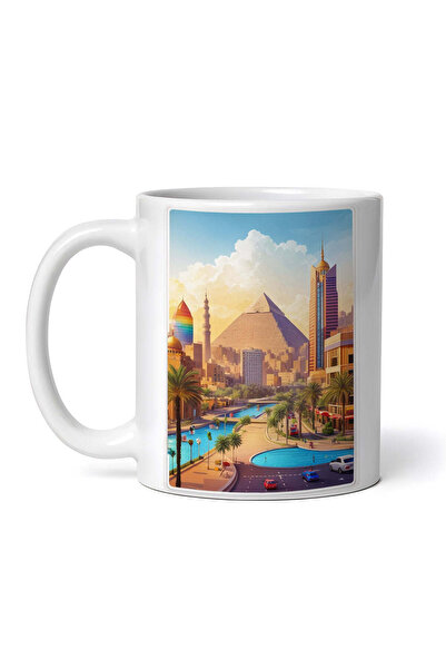 OEM Cană albă personalizată, Orașul Cairo cu piramide și minarete, Inovatix®....
