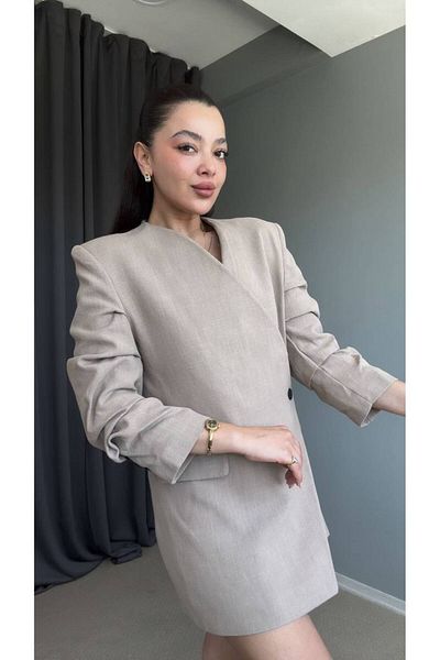 AlisaSu Mink Sleeves Gather Detailed Single Button Blazer Jacket Skirt Set