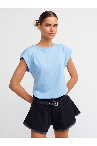 Dilvin 3504 Tricou din bumbac pieptănat cu gât crew-albastru