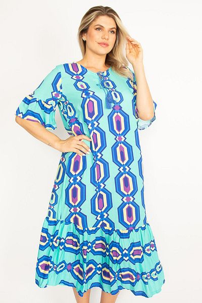 Şans Women's Large Size Turquoise Woven Viscose Fabric Flounce Sleeve Hem Tiered Dress 65n34435
