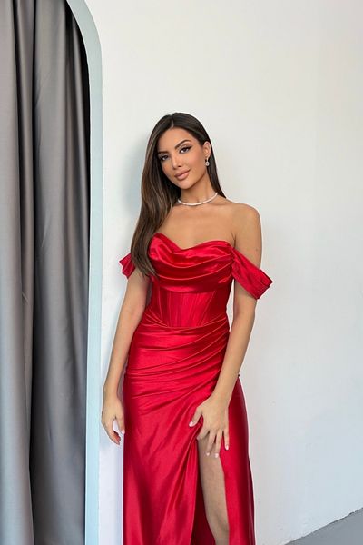 İyem Abiye Shoulder and Back Detailed Knitted Satin Plain Evening Dress Slim Fit