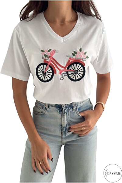 Cassime Tricou de damă, broderie cu flori de bicicletă, cu decolteu în V, 100...