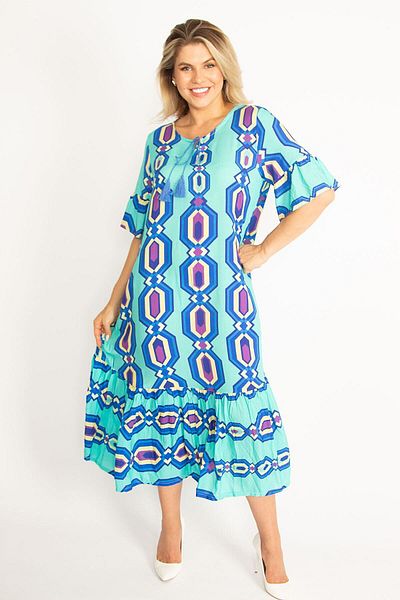 Şans Women's Large Size Turquoise Woven Viscose Fabric Flounce Sleeve Hem Tiered Dress 65n34435
