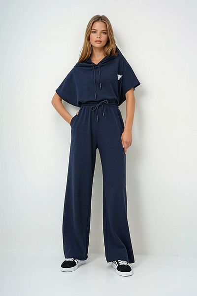 VAGGON Γυναικείο σετ παντελονιού με κουκούλα Navy Blue Oversize Crop και διπλές τσέπες Prmx13633