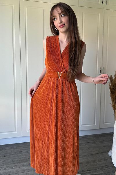 Dilay Gökoğlu Butik Rochie portocalie cu cataramă midi cu guler dublu