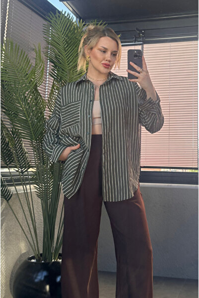 MİR STORE Haki Tek Cepli Çizgili Oversize Modal Gömlek