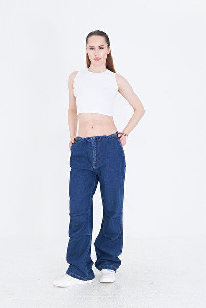 Lexsina Kadın Paraşüt Kot Pantolon Beli Ayarlanabilir Lastik Bol Paça Jeans LXPRŞ