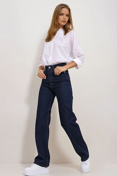 VAGGON Pantaloni palazzo cu talie înaltă, albastru bleumarin închis, cu 5 buzunare, cu picioare largi Prmx11470