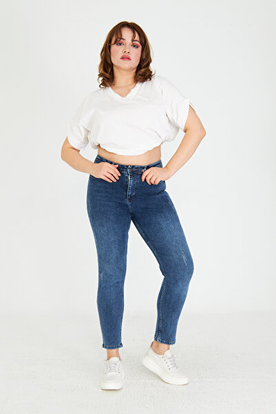 Lexsina Mavi Kadın Battal Beden Jean Tırnaklı Likralı Dar Pantolon LX-D