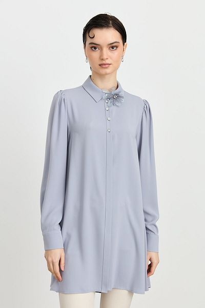 Nihan Stylish Tunic Gray with Accessory Detail