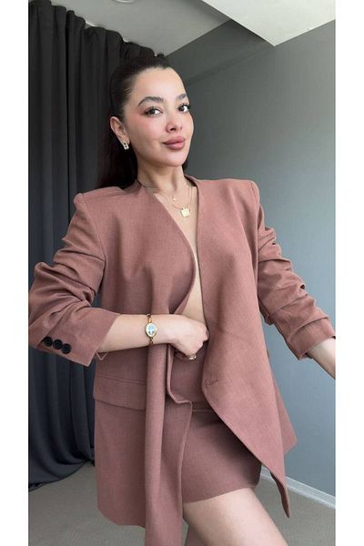 AlisaSu Tile Sleeves Gather Detailed Single Button Blazer Jacket Skirt Set
