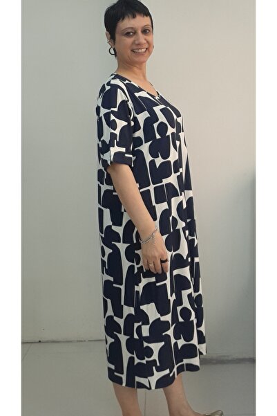 Mertcan Butik Κοντομάνικο φόρεμα βισκόζης με μπλε μοτίβο