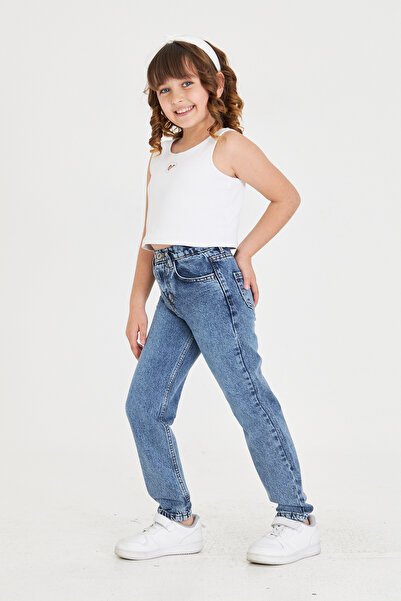 Lexsina Kız Çocuk Boyfriend Jean Rahat Kesim Pantolon Beli Ayarlanabilir Lastikli Düğmeli Lx308