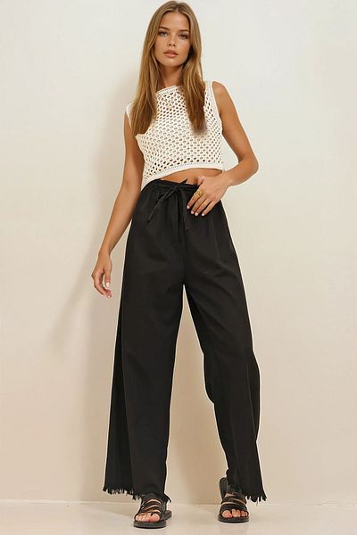 VAGGON Pantaloni Palazzo Jean cu talie înaltă, negri, cu ciucuri, Vgn-x8930