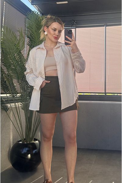 MİR STORE Κρεμ πουκάμισο με μονή τσέπη ριγέ Oversize Modal