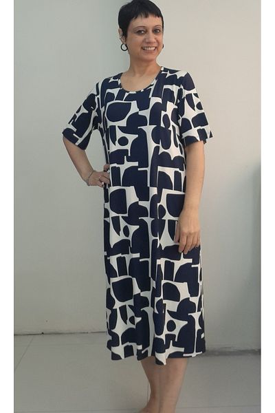 Mertcan Butik Dark Blue Print Short Sleeve Combed Cotton Viscose Dress