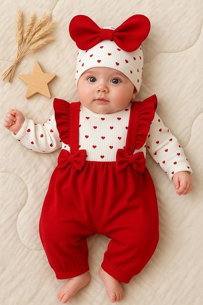 Babydonat Heart Patterned 100% Cotton Baby Girl Jumpsuit with Bow Detail