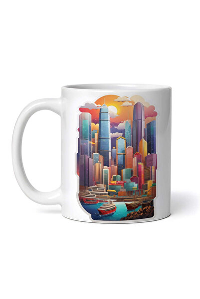 OEM Cană albă personalizată, orașul Hong Kong la apus, INOVATIX®. 330 ml
