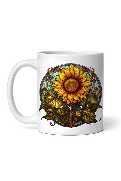 OEM Cană albă personalizată, Vitraliu rotund cu floarea-soarelui și frunze......