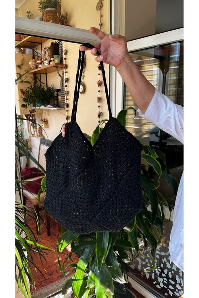 pulur.co Siyah Simli Tığ İşi El Yapımı Boncuk Detaylı Astarlı Kroşe Tote Çanta Omuz Çantası Plaj Çantası